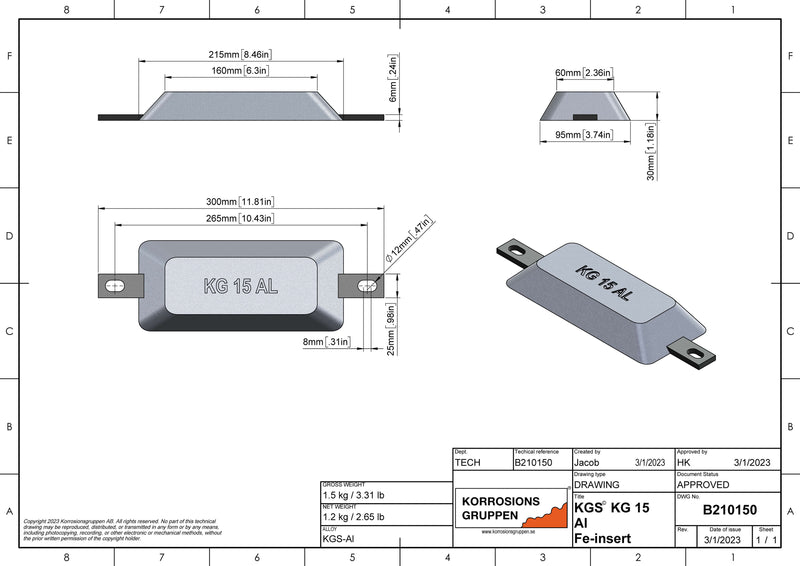Ánodo de aluminio TIPO 15 - 215*95*30mm/8,46x3,74x1,18in