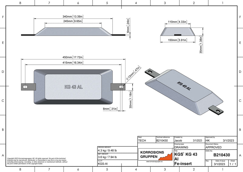 Aluminum anode type 43 - 13* 5.9 * 1.4inch