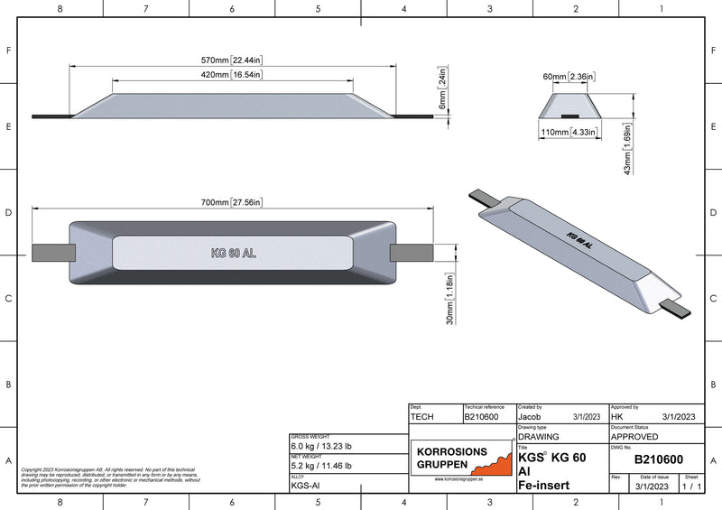 Ánodo de aluminio TIPO 60 - 570*110*43