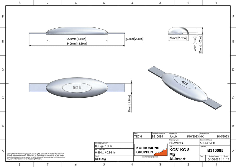 Ánodo de magnesio TIPO 8 AL - 220*73*26, (340mm), aproximadamente 0,5kg. AZ63-1,5VDc