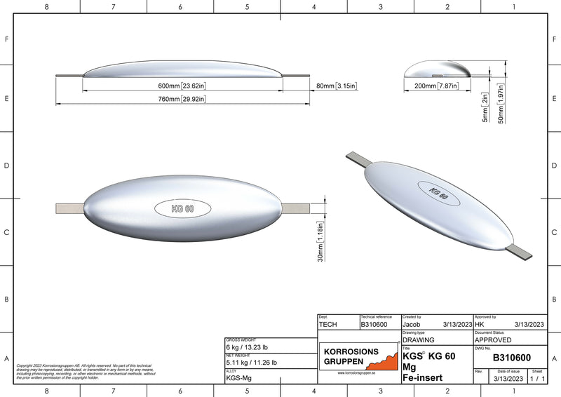 Ánodo de magnesio TIPO 60 - 600*195*50, (760mm), aproximadamente 6kg/13,23lb. AZ63-1,5VDc
