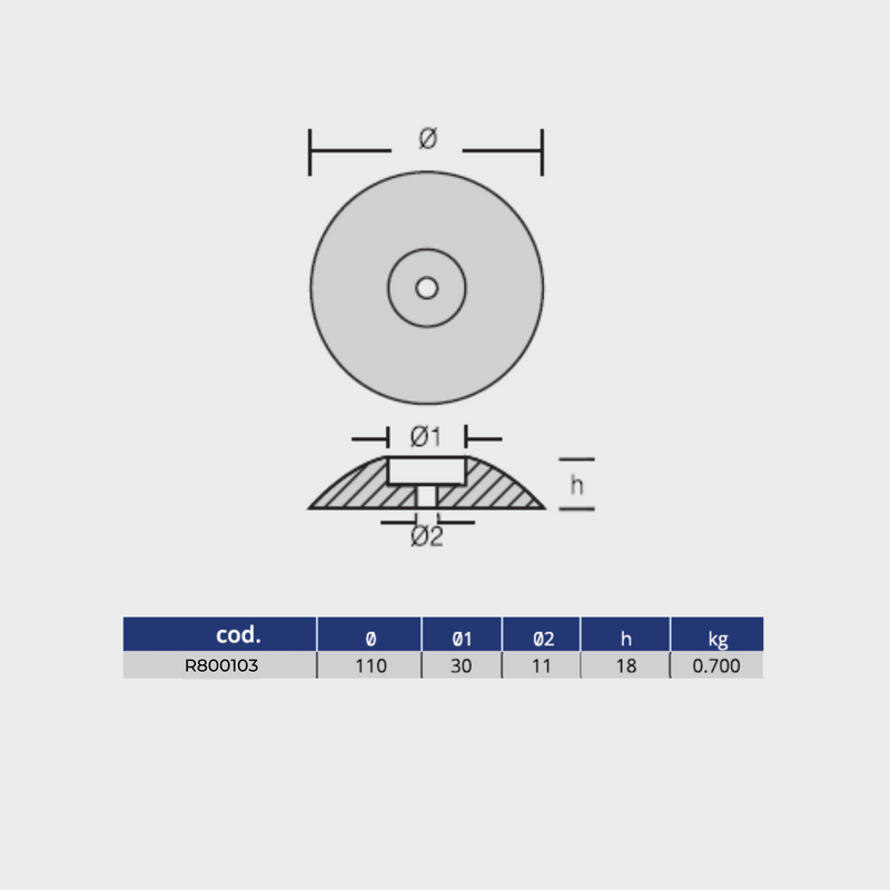 Ánodo de zinc para timón - 110 mm DIÁMETRO, 0,700 kg - PAQUETE de 2